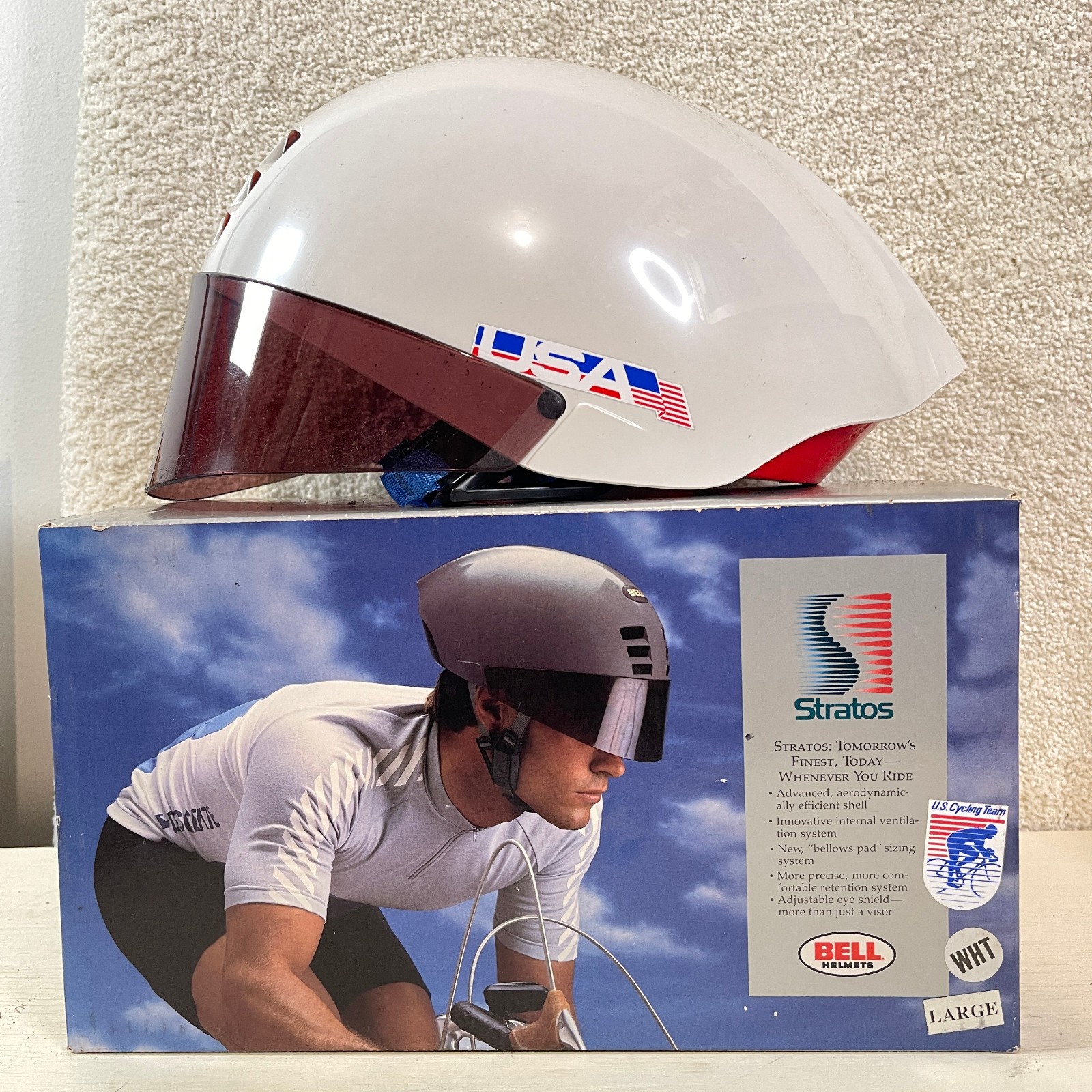 1986 Bell Stratos Team USA Aerodynamic Bicycle Helmet Size Large Original Box