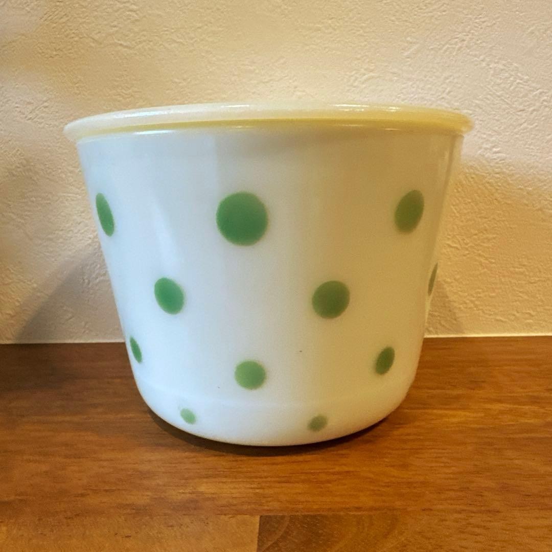 McKee Custard Cup Green Polka Dot Vintage with Lid White 11.5 cm Tall 16 cm Wide