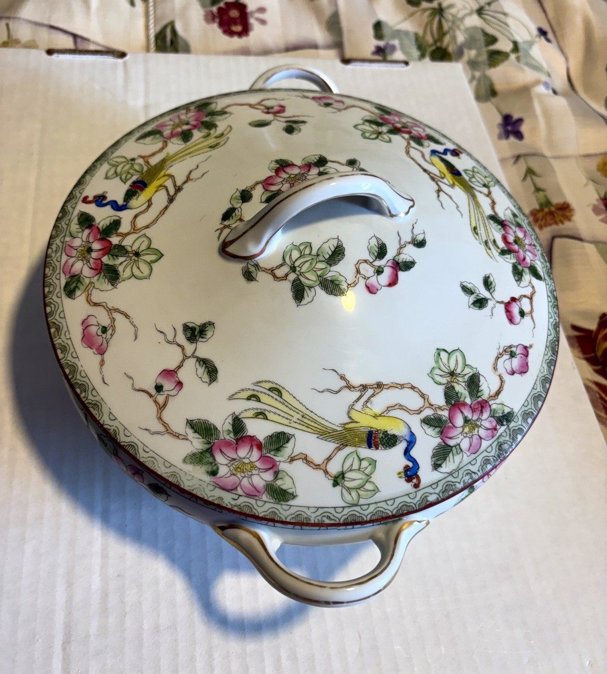 Antique Nippon Covered Vegetable Dish Peacock Bird Rose Morimura Bros Maple Leaf