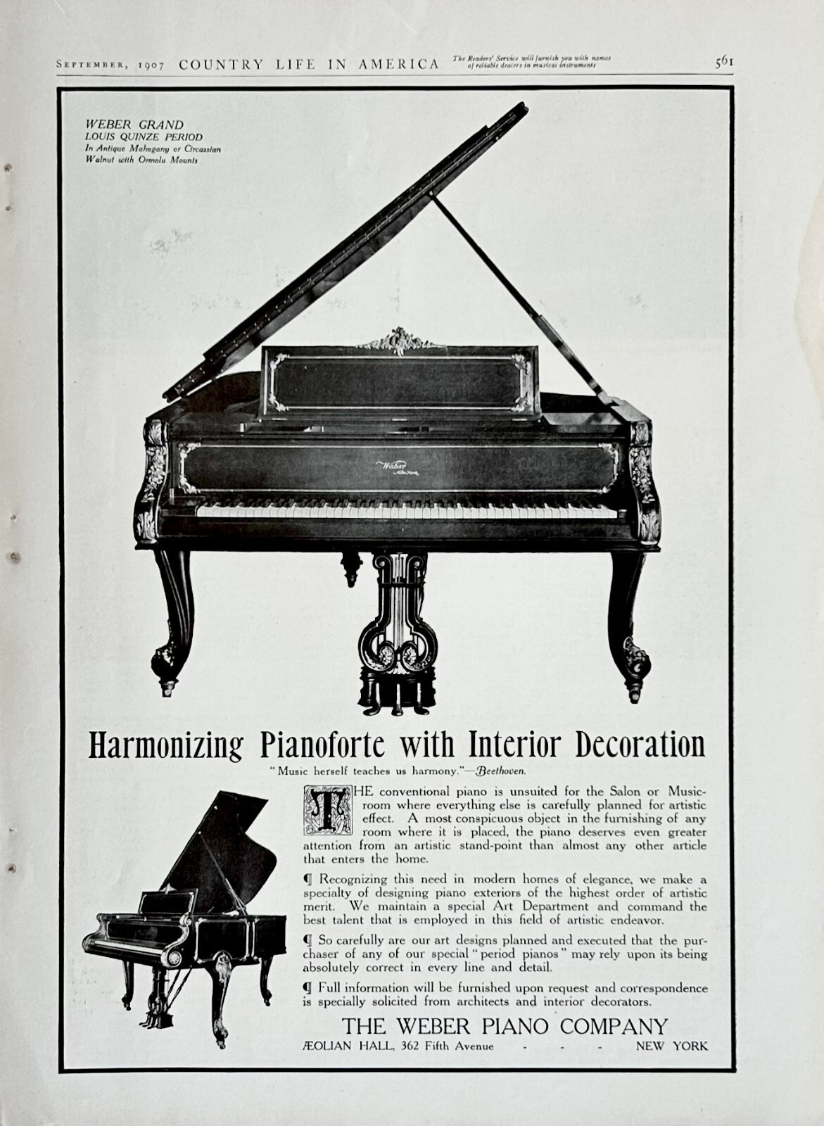 1907 Ad The Weber Piano Co NY Weber Grand Louis Quinze Period Mahogany Or Walnut