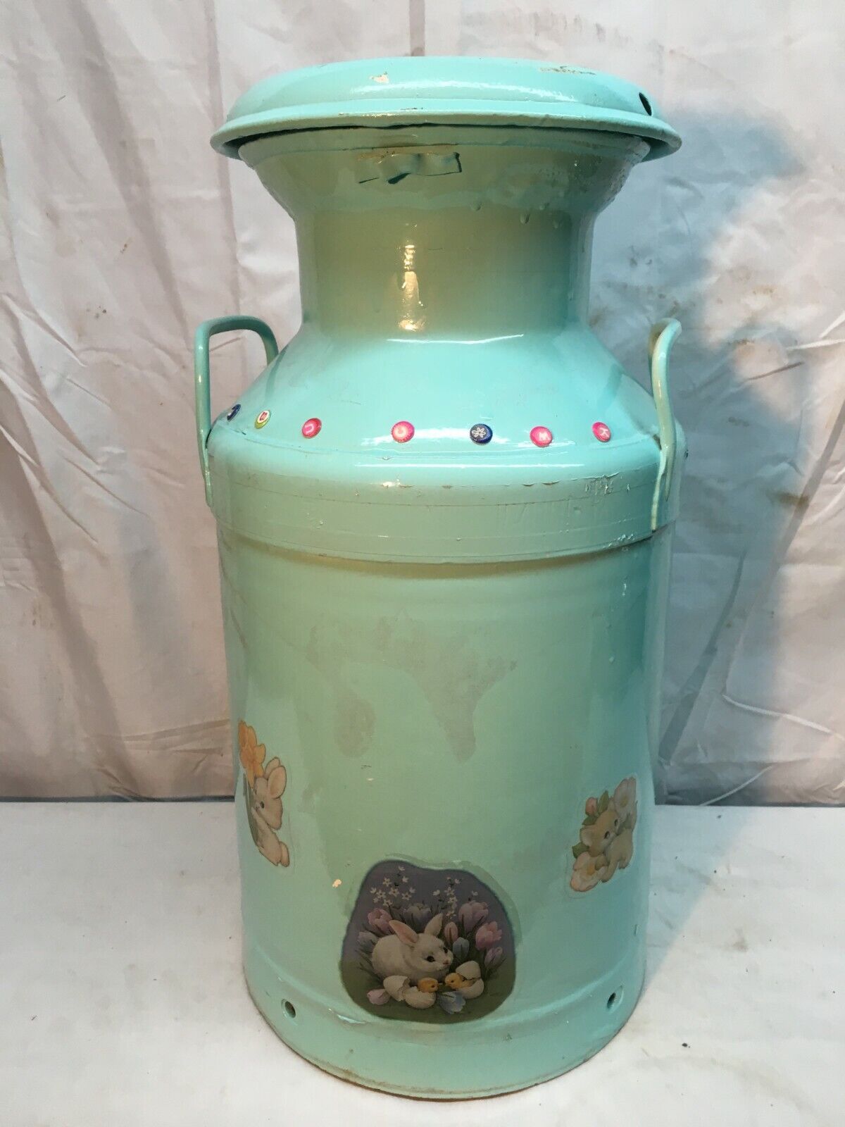 Vtg 7 Gallon Steel Milk Can Easter Paint Spring Decals Plant Stand Table UNIQUE