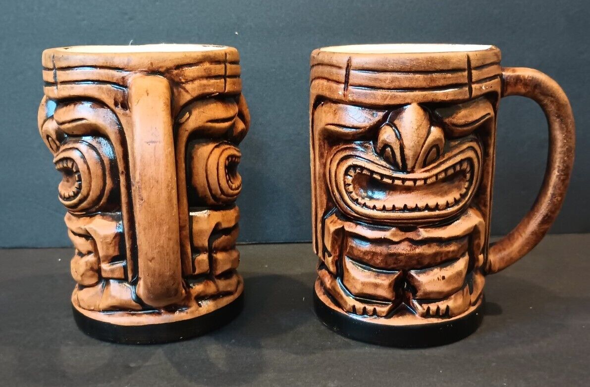 2 Hawaiian Tiki Mugs Double Sided Face Coffee Cups Vintage