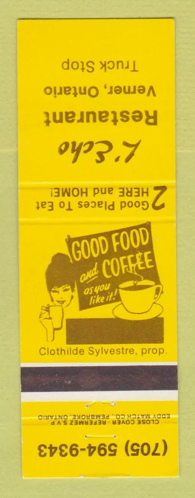 Matchbook Cover - L' Echo Restaurant Verner ON Truck Stop