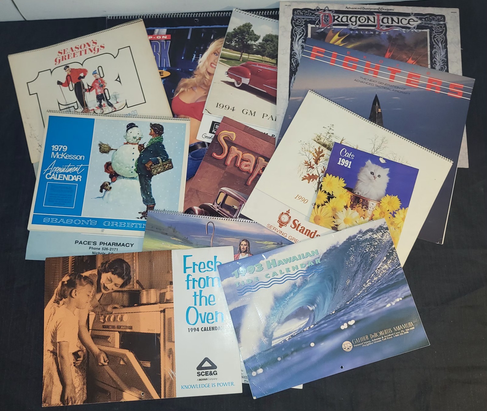 Vintage Calendar Lot 12 1970s-90s Snap-On Pinup Dragonlance D&D Chevy SC Ad Mix