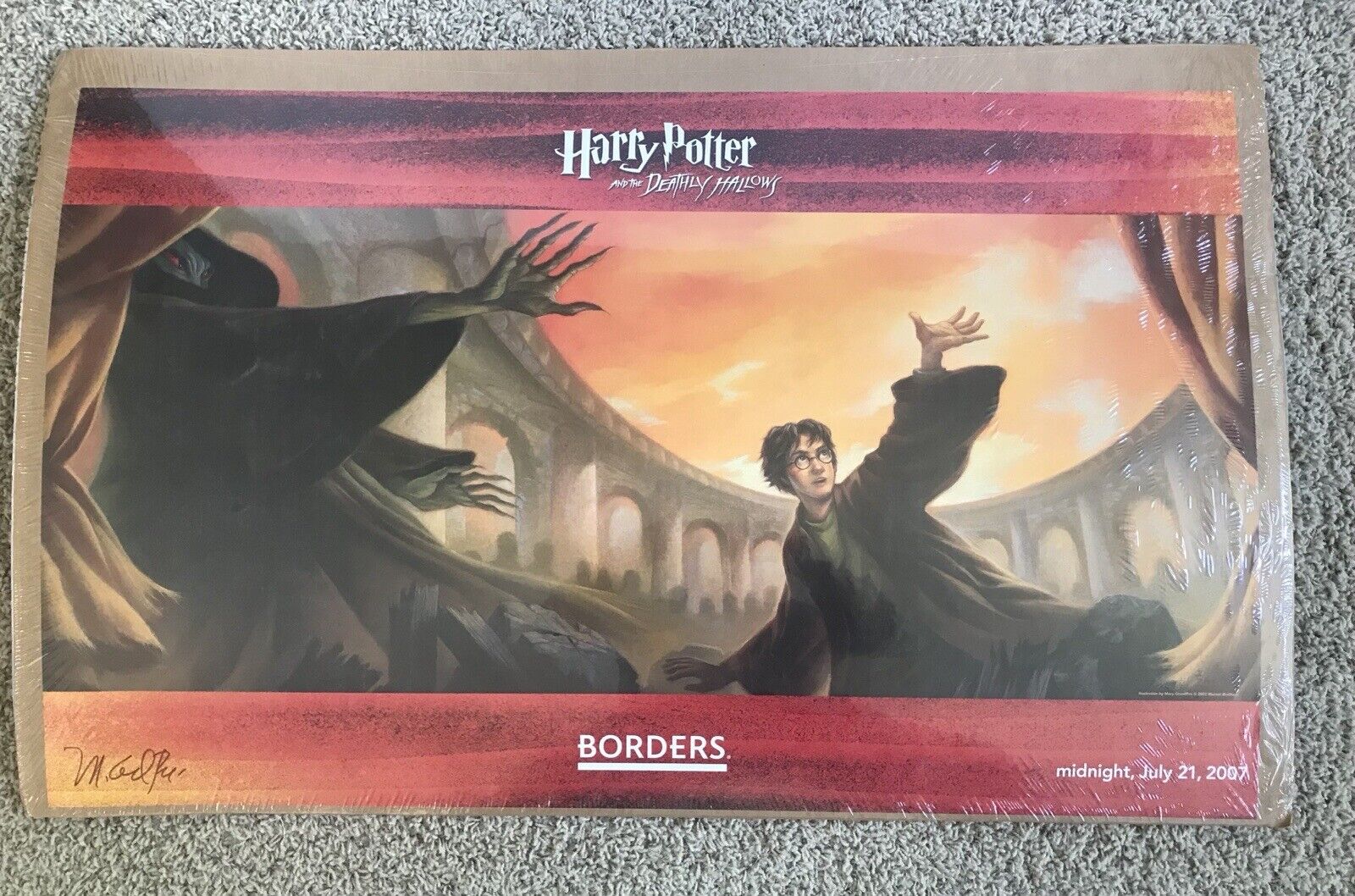 Harry Potter Deathly Hallows Borders Book Release Poster SIGNED Mary Grandpre
