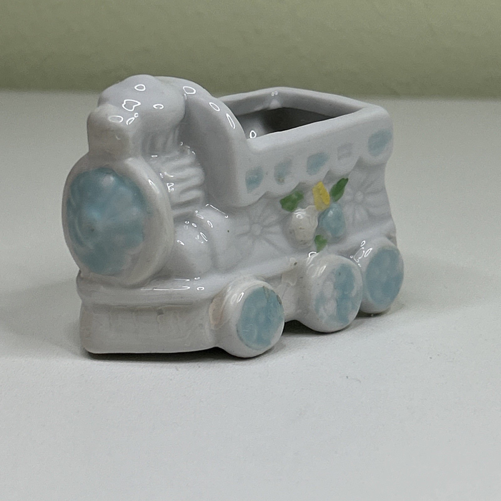 Vintage 3” By 2.25” Ceramic Train Engine Planter Pastel Floral Nursery Decor