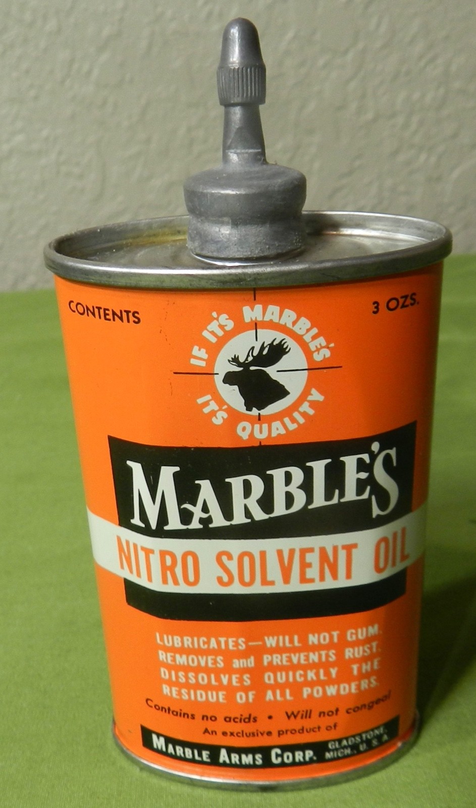 Vintage Marble\'s Nitro Solvent Oil Lead Top Litho 3 Ozs Tin Can GLADSTONE MICH
