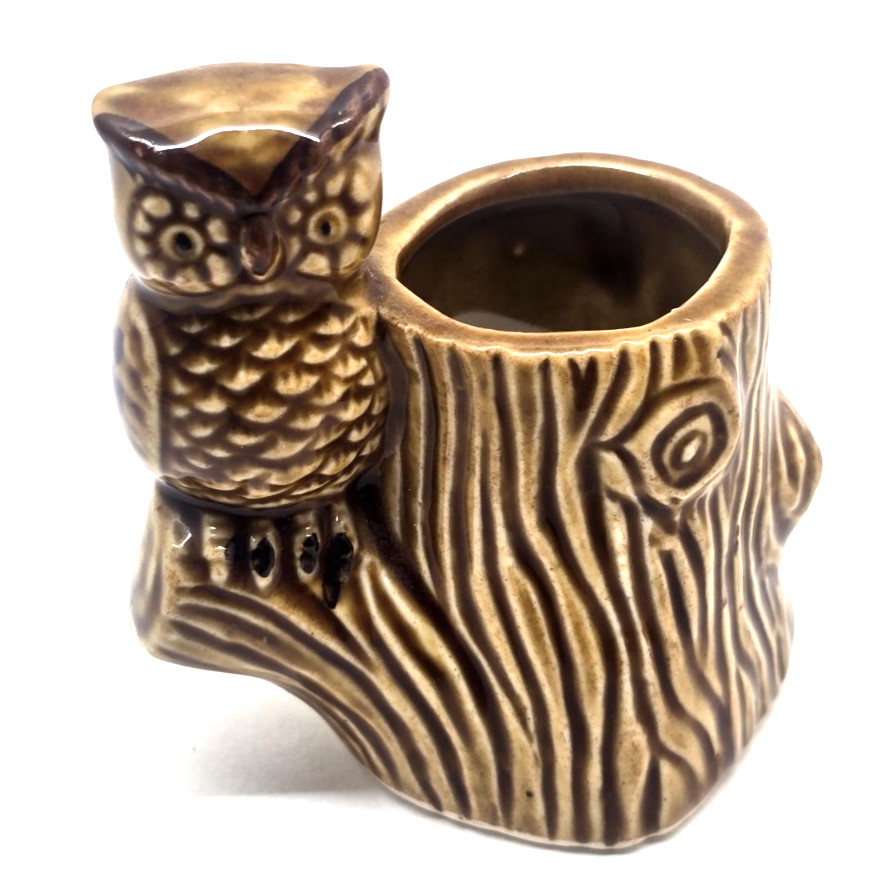 Vintage Ceramic Brown Owl & Tree Stump Collectible Toothpick Holder 3\