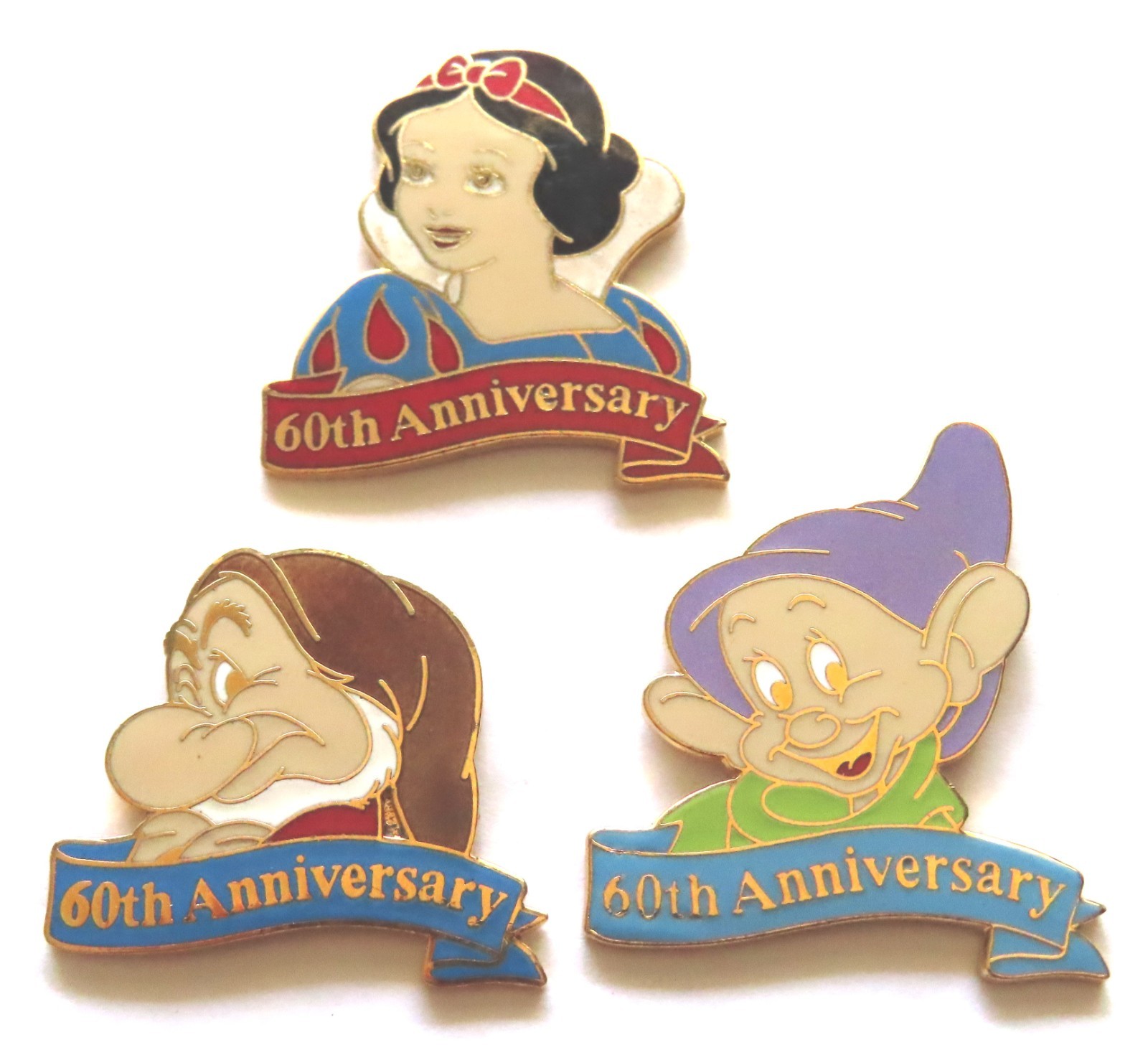 WDCC Disney pins: Snow White 60th Anniversary Snow White, Grumpy, Dopey set of 3