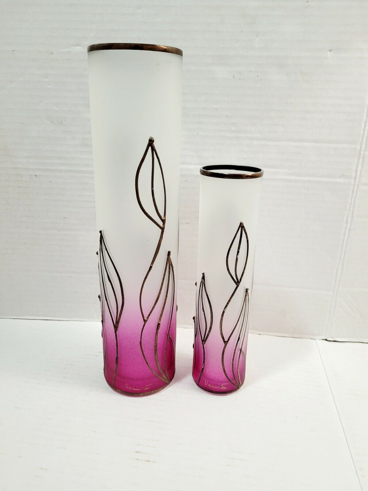 2 Pc Purple Pink Signed Art Glass Vases w/metal overlay Vlasta Vobornikova 