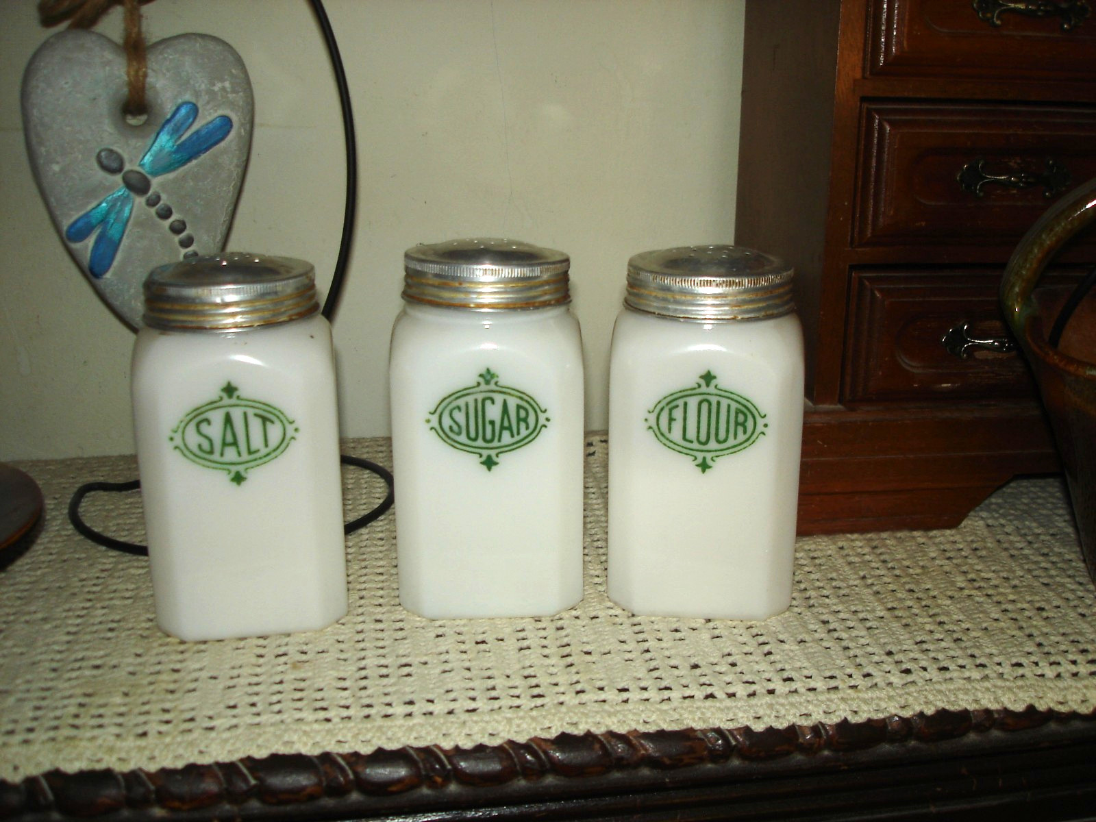 3 Vintage Hazel Atlas Milk Glass Green Badge Range Shakers - Salt  Flour Sugar
