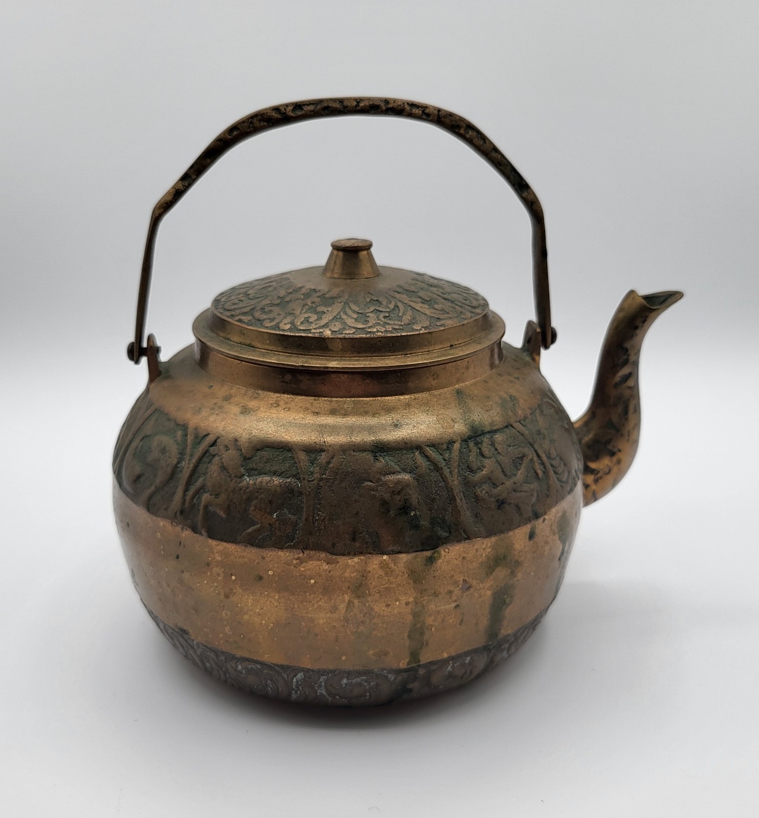 Vintage Mid-Century Modern Solid Brass & Copper Zodiac Horoscope Teapot Kettle