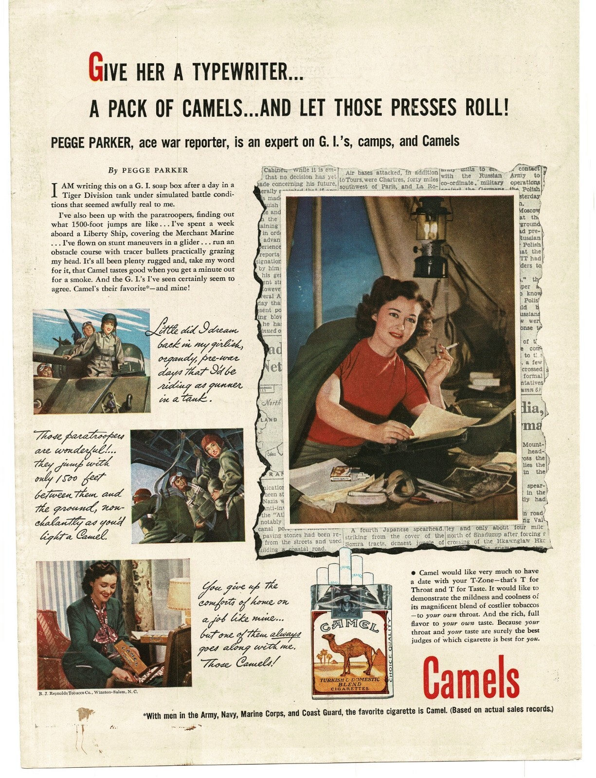1944 Camel Cigarettes Pegge Parker War Reporter WWII Vintage Print Ad 1944 Camel Cigarettes Pegge Parker War Reporter WWII Vintage Print Ad