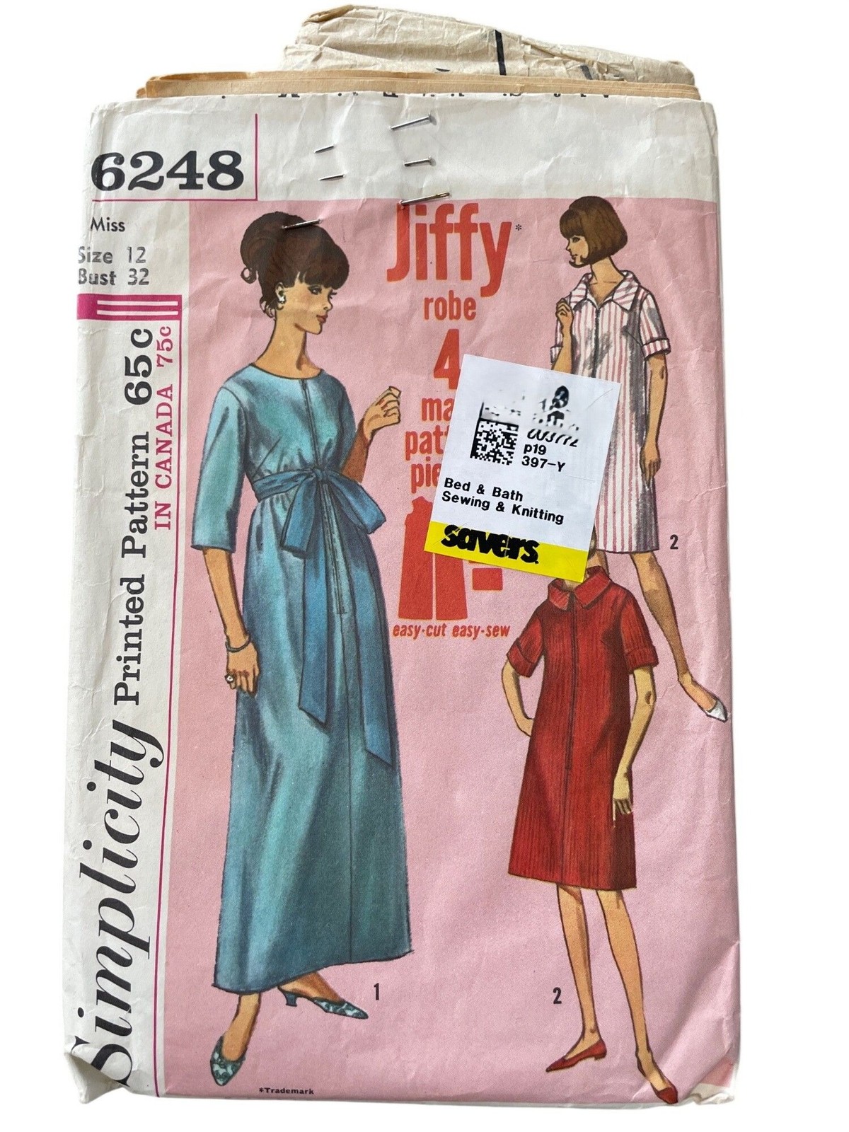 Vintage 60s Simplicity 6248 Sewing Pattern Size 12 Misses Jiffy Robe Retro CUT Vintage 60s Simplicity 6248 Sewing Pattern Size 12 Misses Jiffy Robe Retro CUT