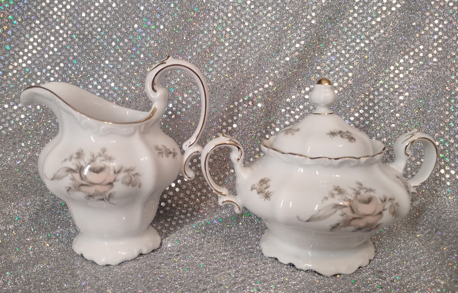 Johann Haviland- Sepia Rose  -Sugar Bowl with Lid & Creamer- Germany
