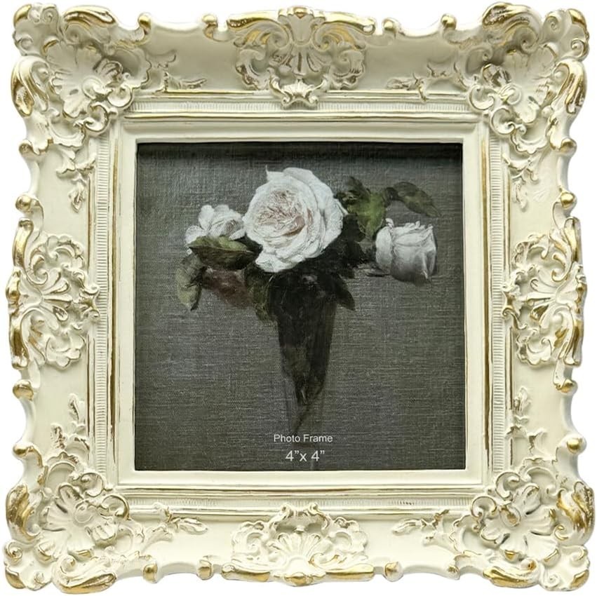 4x4 Vintage Small Picture Frame, Antique Ornate 4x4, White with Gold