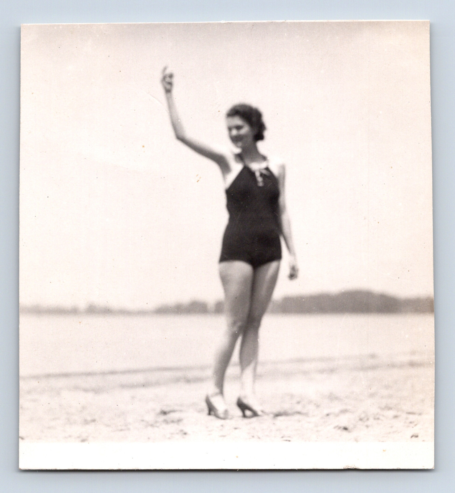 2 Vintage Photographs Dreamy Portrait Woman Posed on Beach Swimming Suit & Heels 2 Vintage Photographs Dreamy Portrait Woman Posed on Beach Swimming Suit & Heels