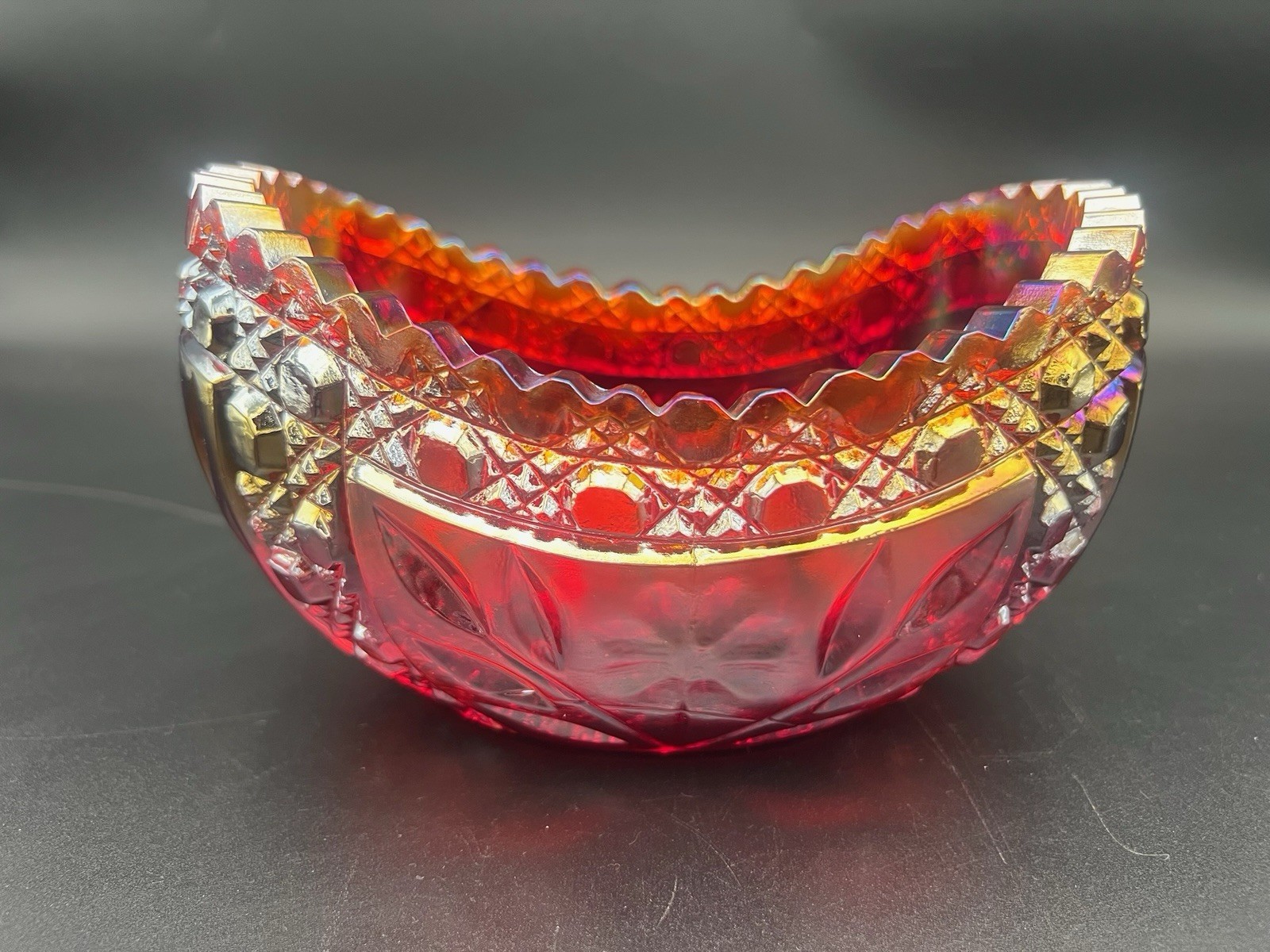 Vtg Iridescent Ruby Red Pressed Glass Bowl / Relish Dish Sawtooth Rim 7x5 3.5lbs
