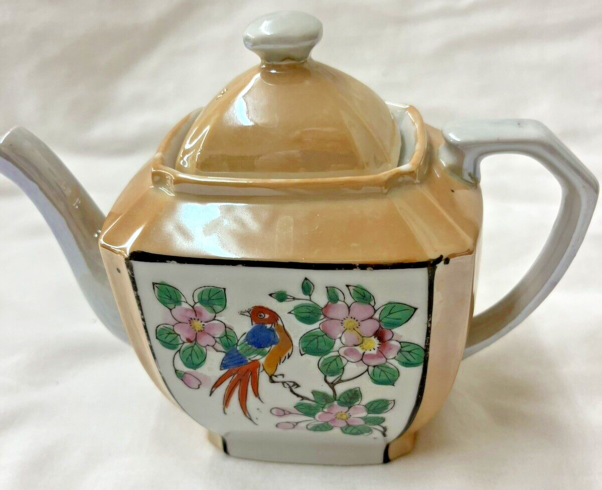 Antique Peach Lusterware Teapot  Made in Japan Flowers Bird
