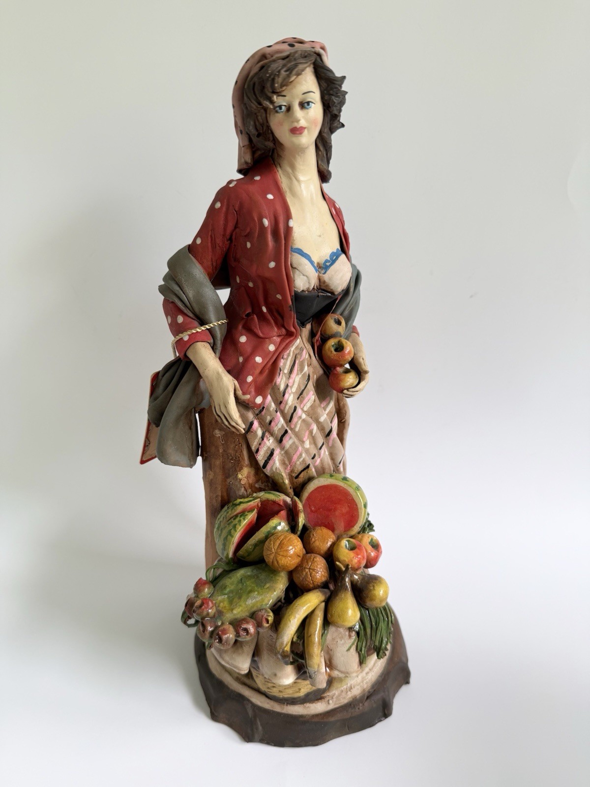 Vtg Signed Angela Tripi Busty Woman w/Fruit Basket Terracotta Pottery Italy