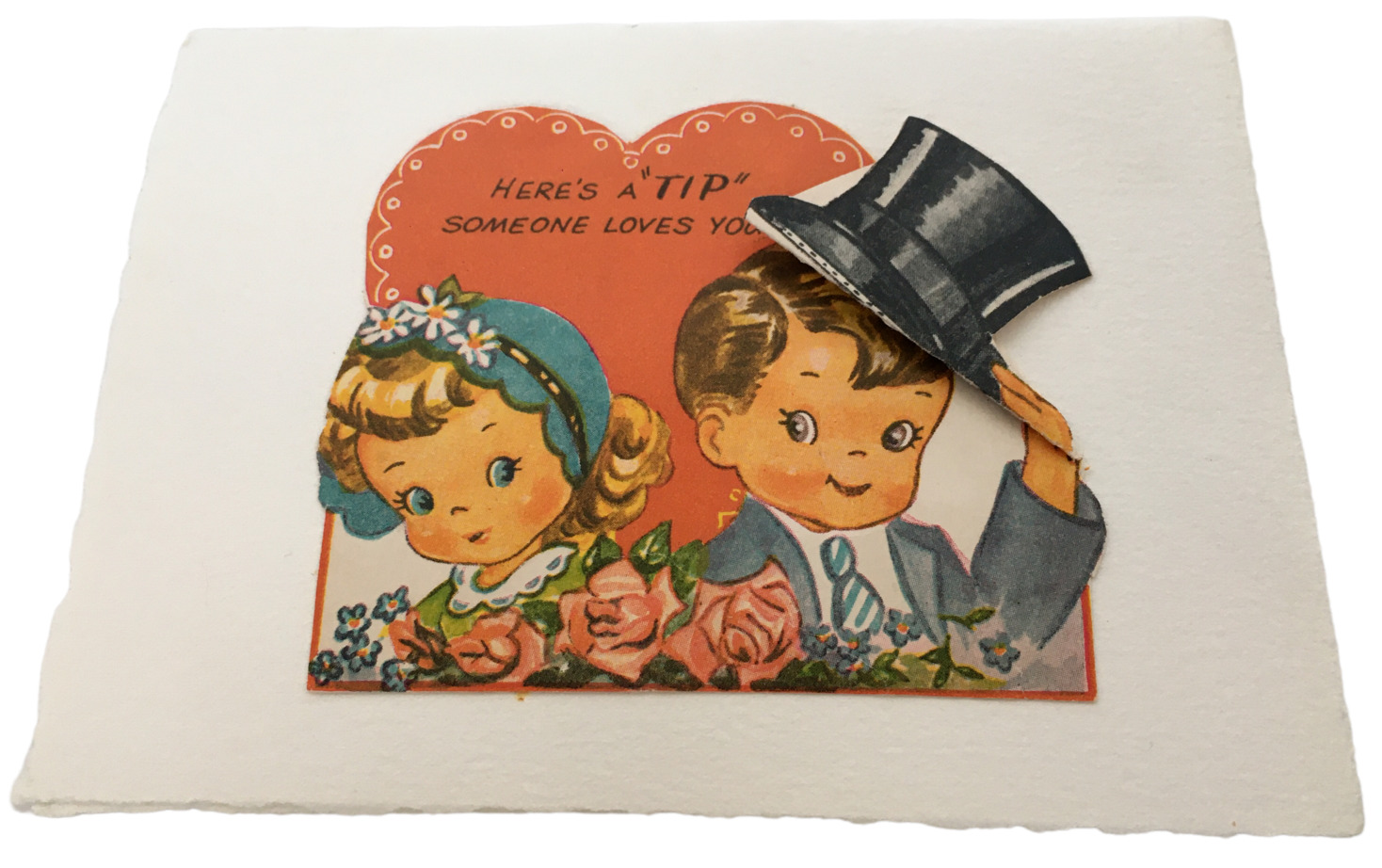 Vintage Valentines Day Card Here is a Tip Someone Love You Boy Top Hat 1940s