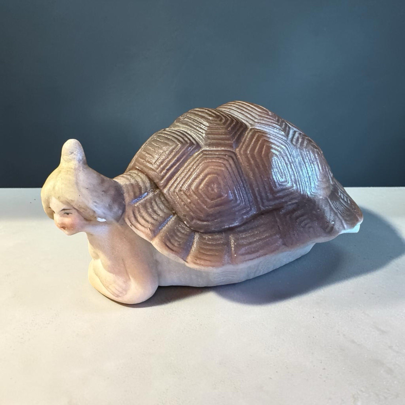 Antique German Bisque Naughty Turtle Lady Figurine Bathing Beauty Trinket Box