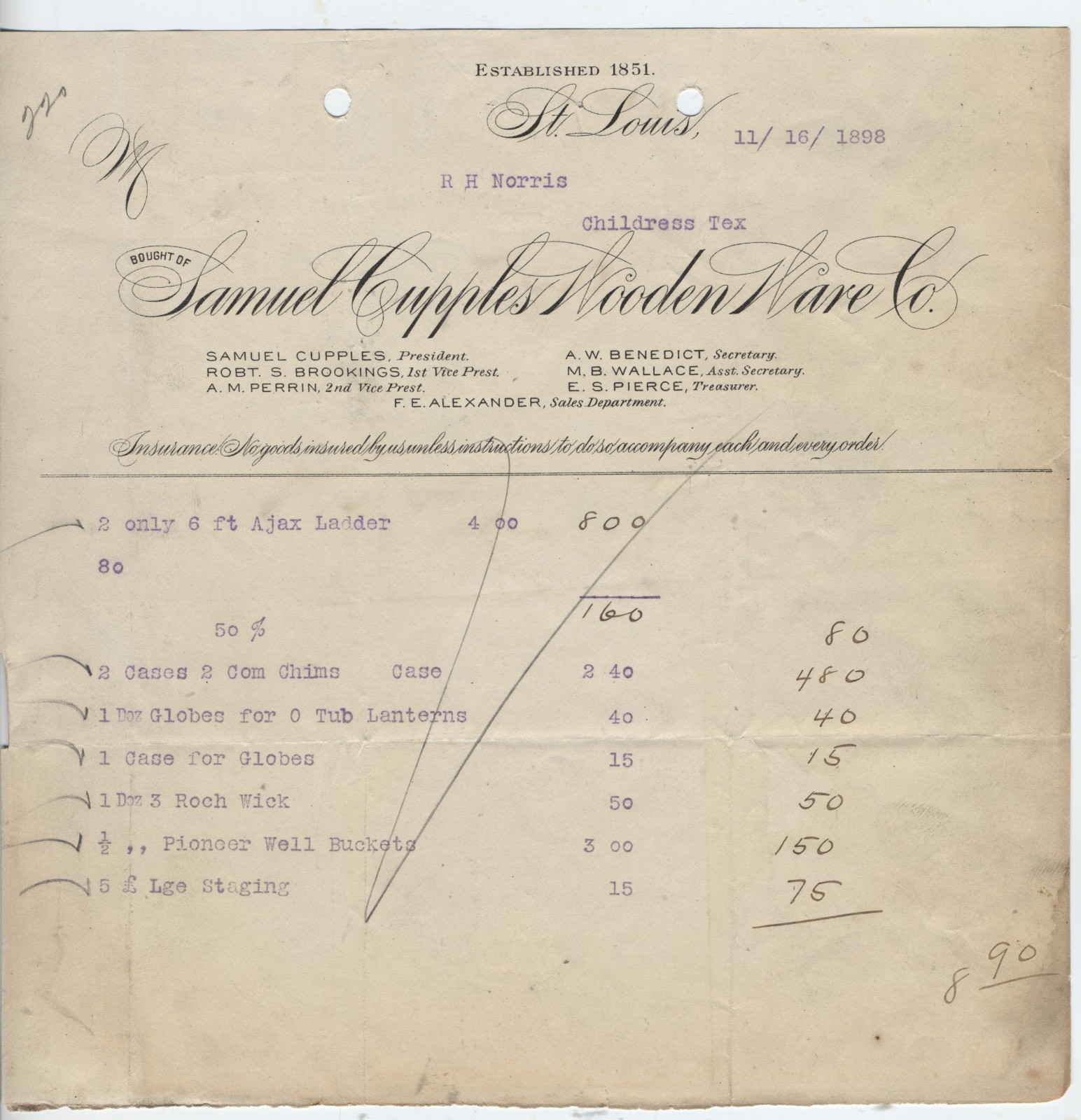 1898 BILLHEAD ST LOUIS MISSOURI SAMUEL CUPPLES WOODEN WARE CO
