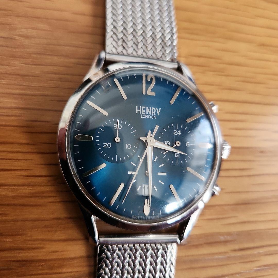 HENRY LONDON Chronograph Quartz Watch 40mm Blue Dial Silver Bracelet Used Workin