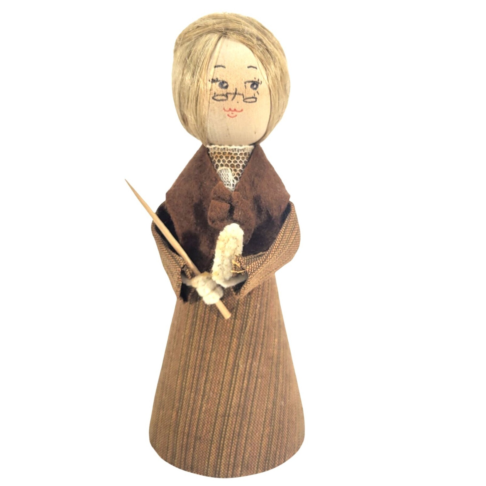 Vtg Wood Handcrafted School Marm Teacher Headmistress Figurine Cloth Dress 6\
