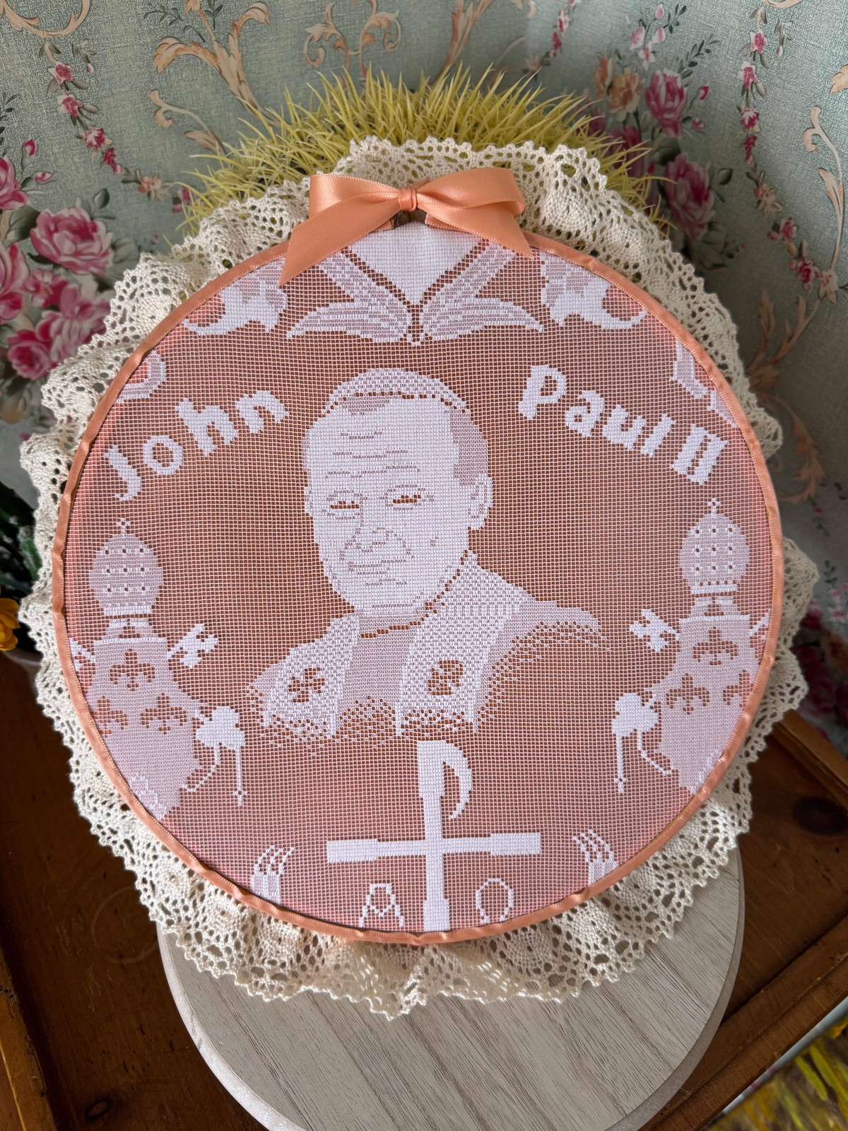 Vintage Handmade Pope John Paul II Needlepoint, Pink & Lace, 13\