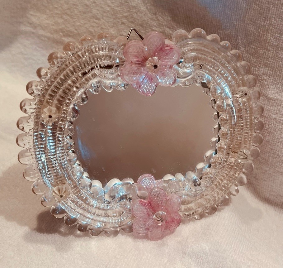 Antique Venetian Murano Glass Mirror Clear Glass with Pinkish Glass Flowers Antique Venetian Murano Glass Mirror Clear Glass with Pinkish Glass Flowers