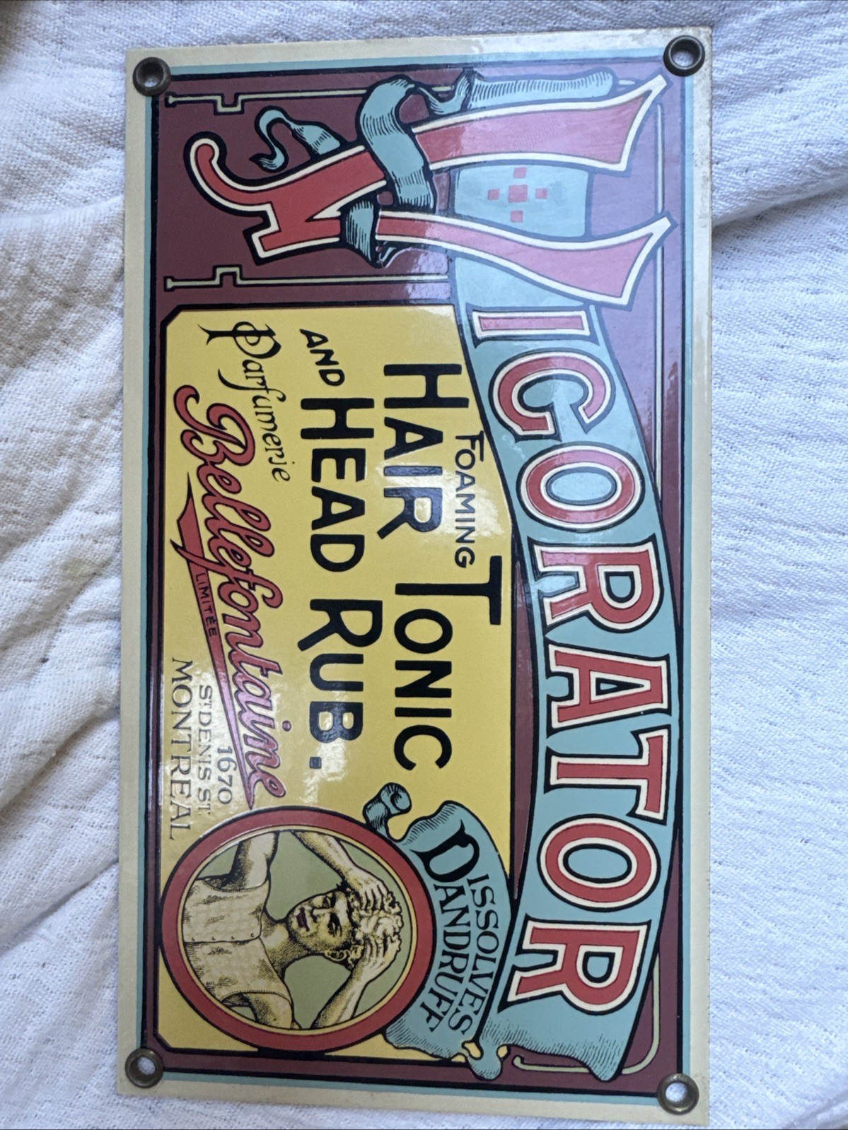 Vintage Vigorator Hair Tonic Porcelain Enamel Sign Ande RooneyBarber Advertisin