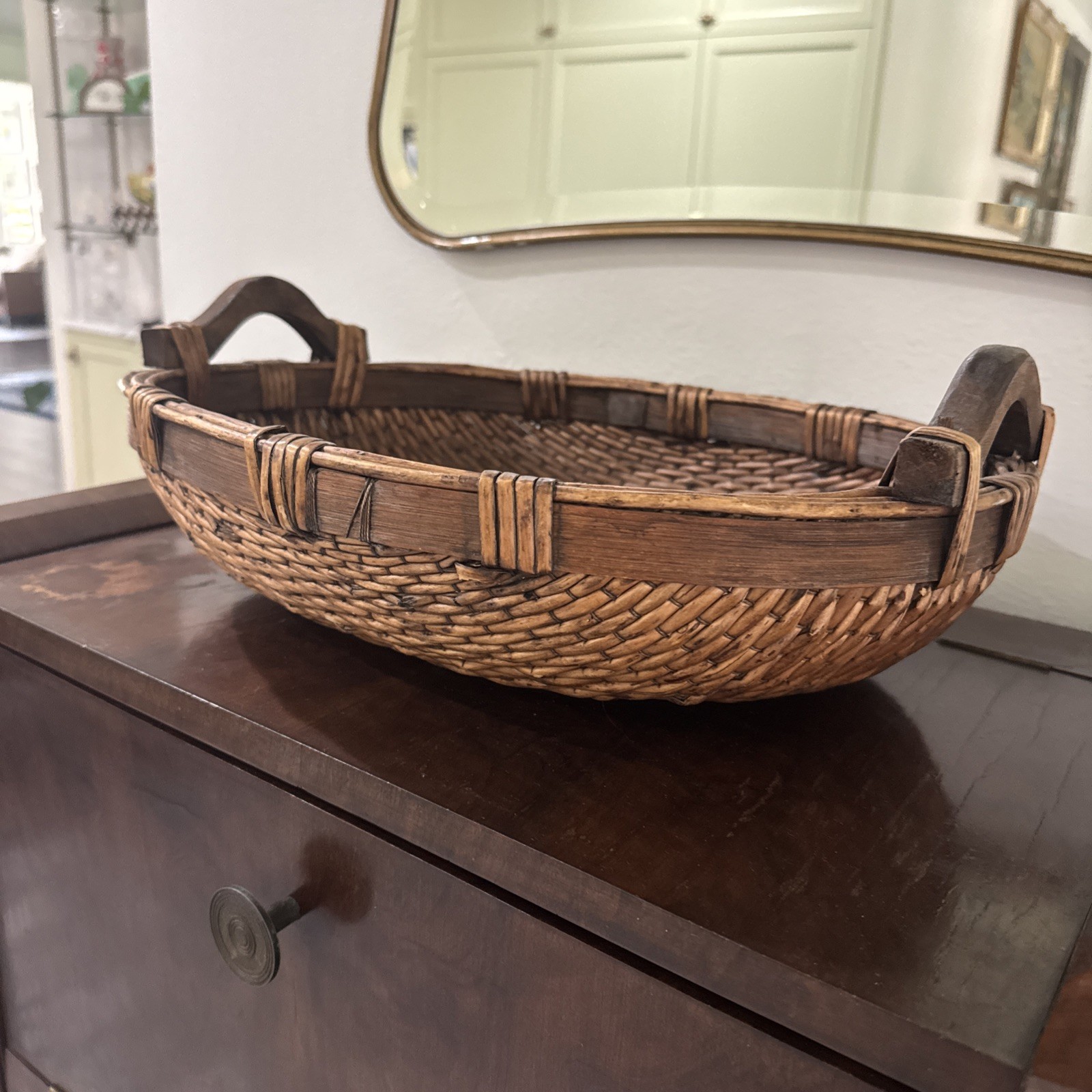 Stunning Large Antique Chinese Willow Reed Rice Gathering Wood Handle Basket