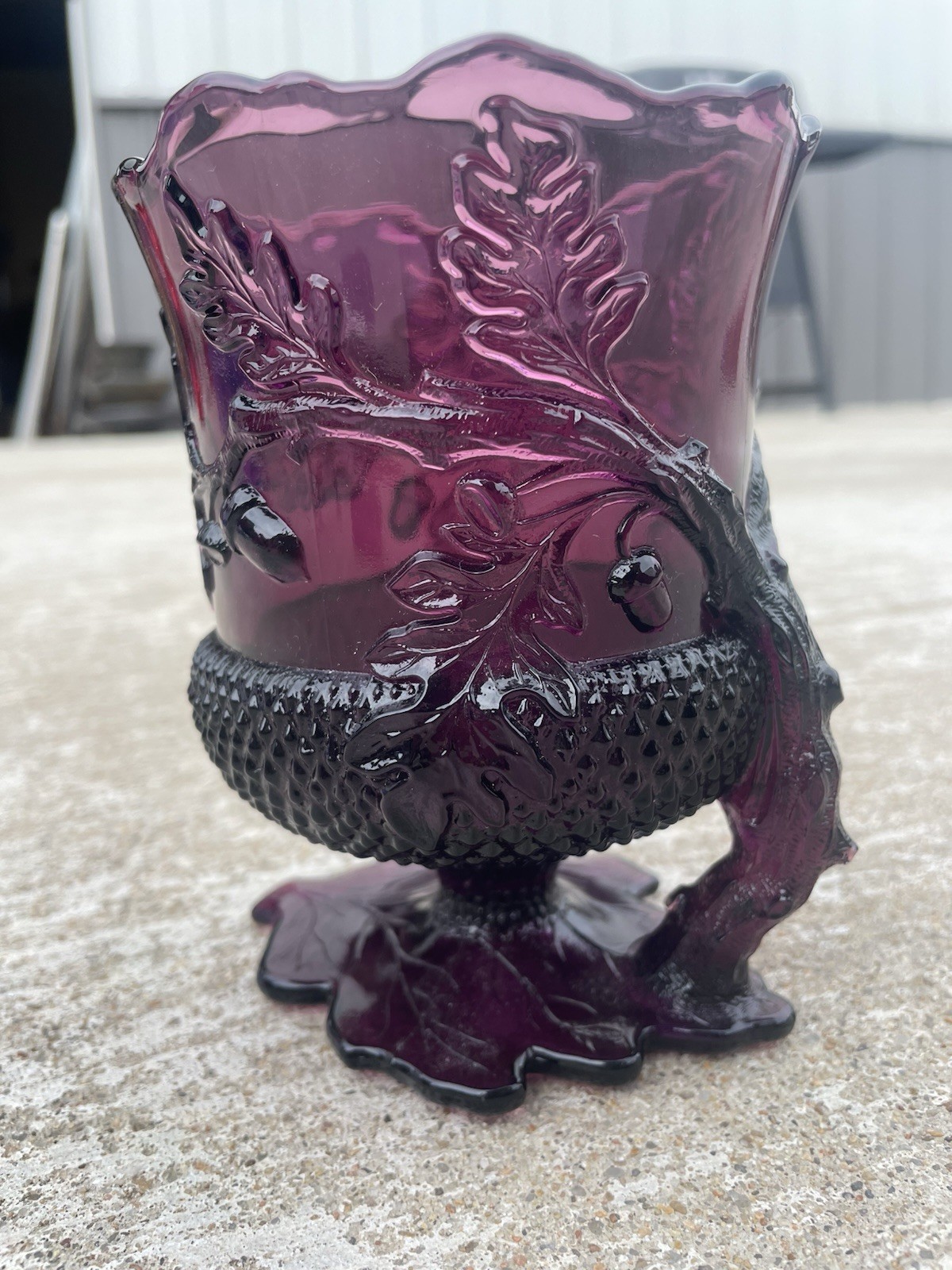 VTG Mosser Co Spooner Vase Lavender Purple Acorn Oak Leaves Handle 60s NL