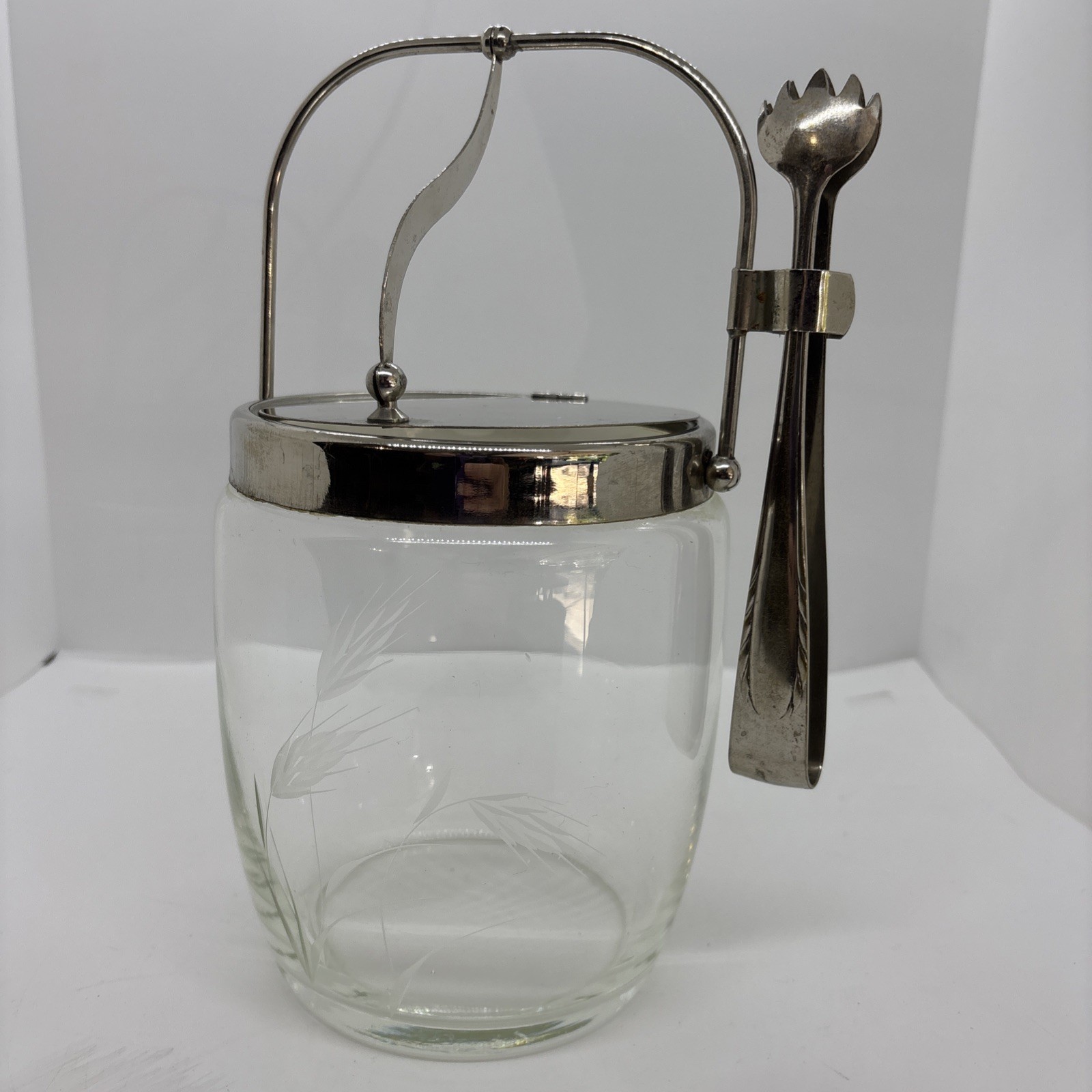 Etched Wheat Quartzex Crystal Noritake Ice Bucket W/Stainless Tongs MCM