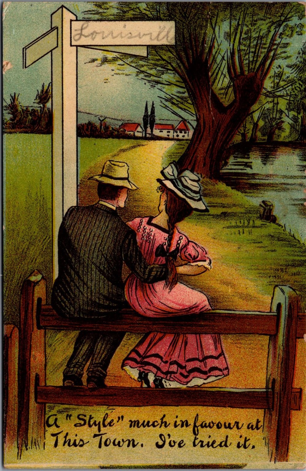 Louisville IL 1910 Postcard Couple on Fence \