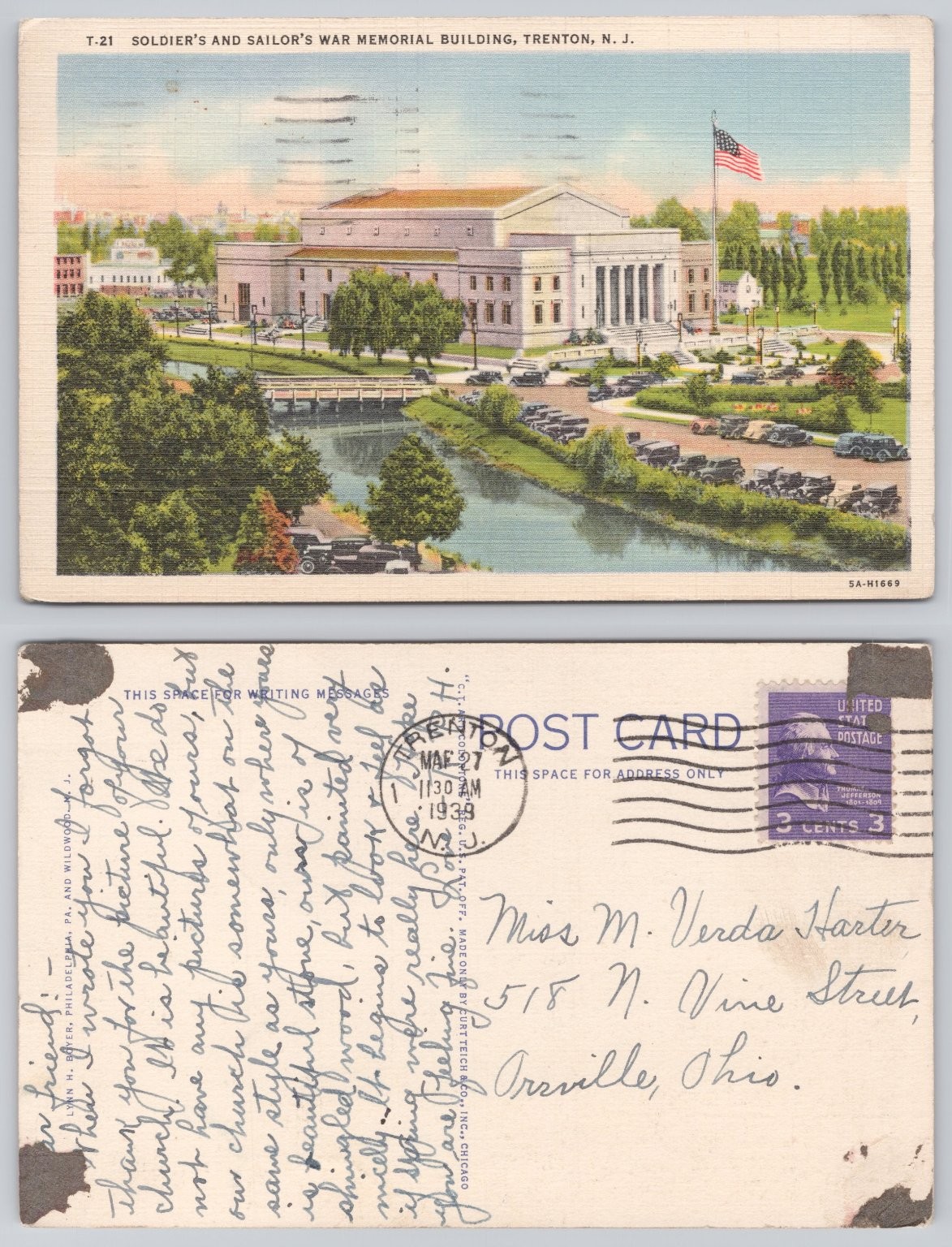 1939 Trenton NJ Soldiers & Sailors War Memorial Building Curt Teich Linen