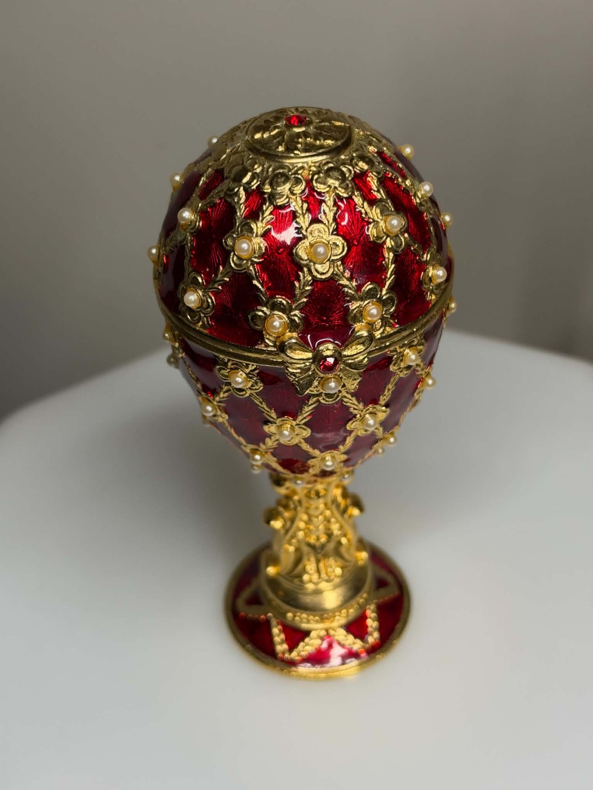 Vintage Crimson Red and Gold Fabergé-Style Jeweled Egg Trinket Box