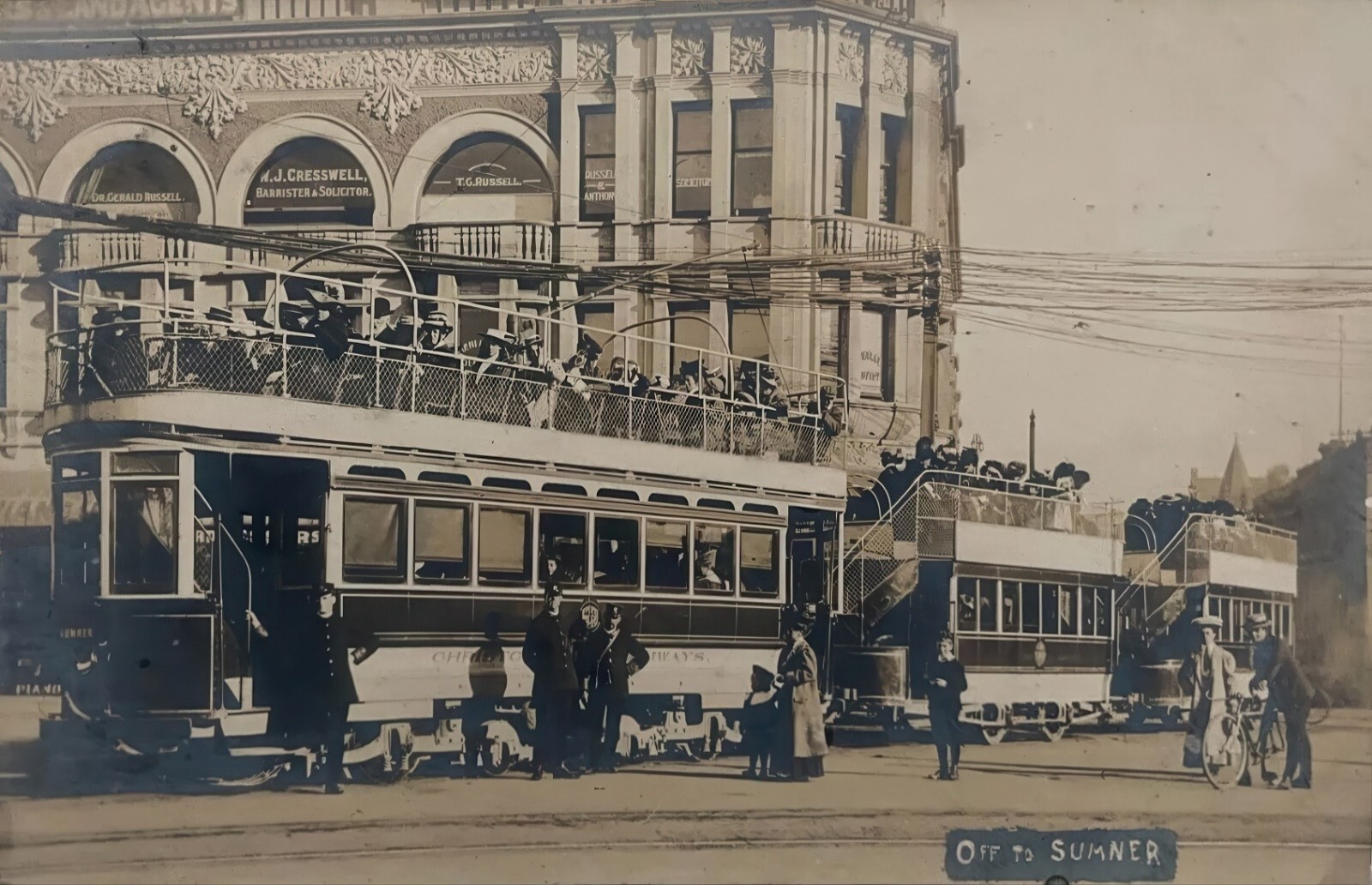Christchurch New Zealand Trams Trolleys Off to Sumner RPPC Postcard COPY