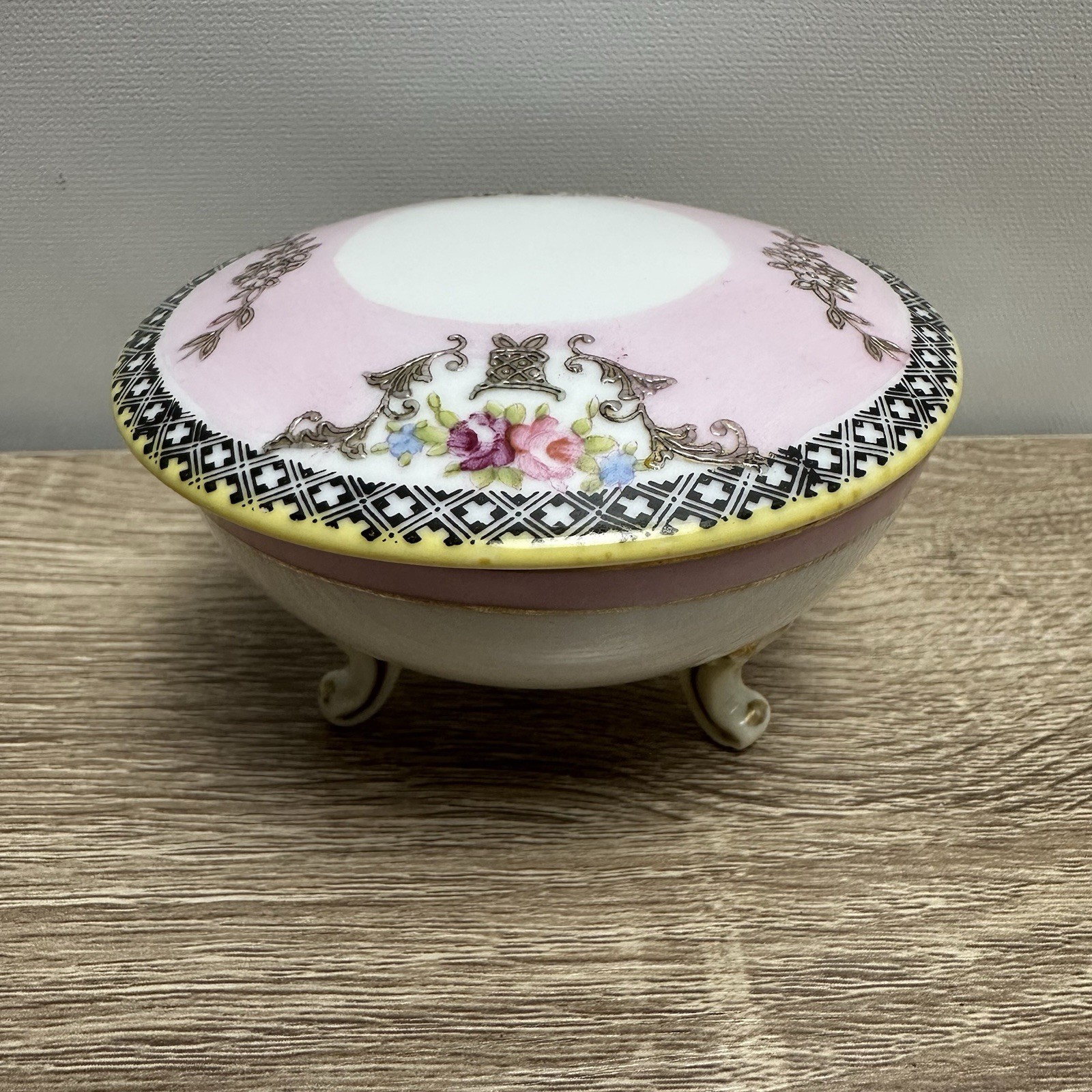 Vintage Noritake Morimura Bros Footed Powder Jar Box Hand Painted Gold Art Deco
