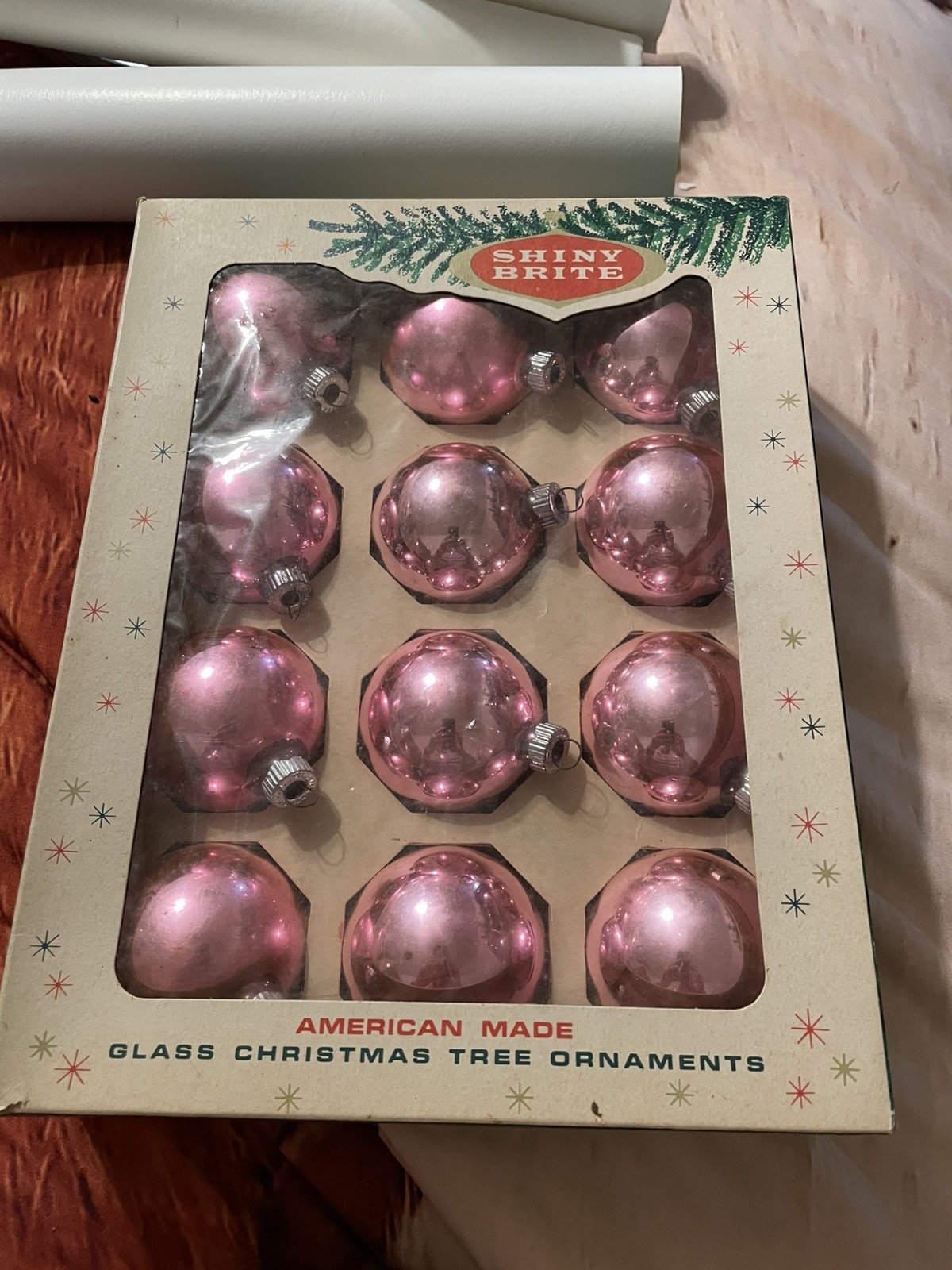 Beautiful Vintage  Christmas  Original Box Shiny Brite Pink Ornament Lot ~ Pink