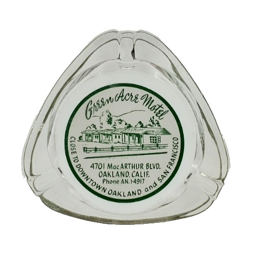 Vintage Clear Glass Marketing Ashtray / Green Acre Motel / Oakland California CA