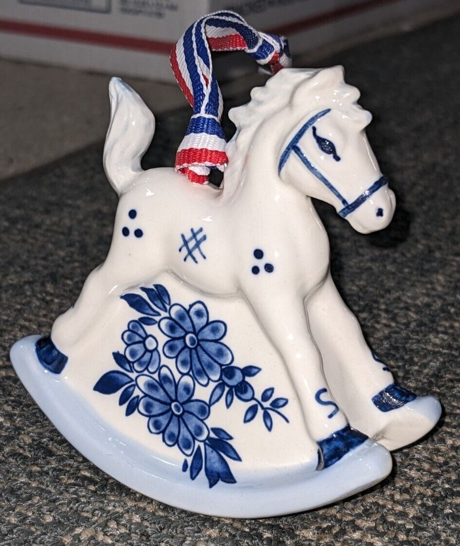 Beautiful Delft Blue Rocking Horse Christmas Ornament Handpainted Blue White