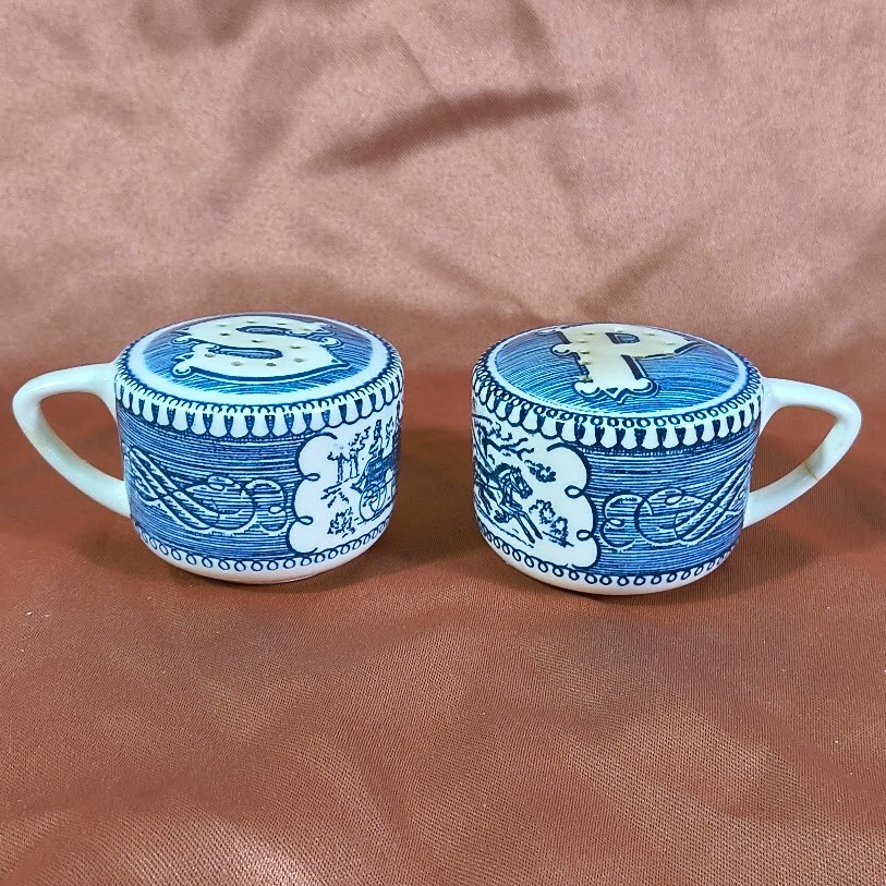 Royal China Currier and Ives Blue White Salt and Pepper Shakers Carriage No Plug