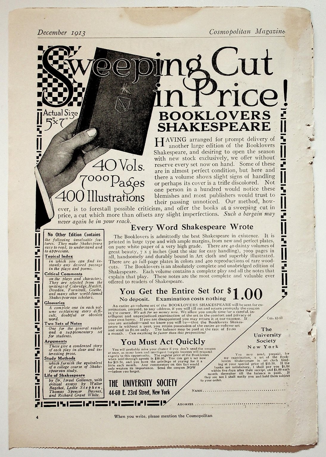 1913 Cosmopolitan Magazine Booklovers Shakespeare Ad Vintage Ephemera 1913 Cosmopolitan Magazine Booklovers Shakespeare Ad Vintage Ephemera