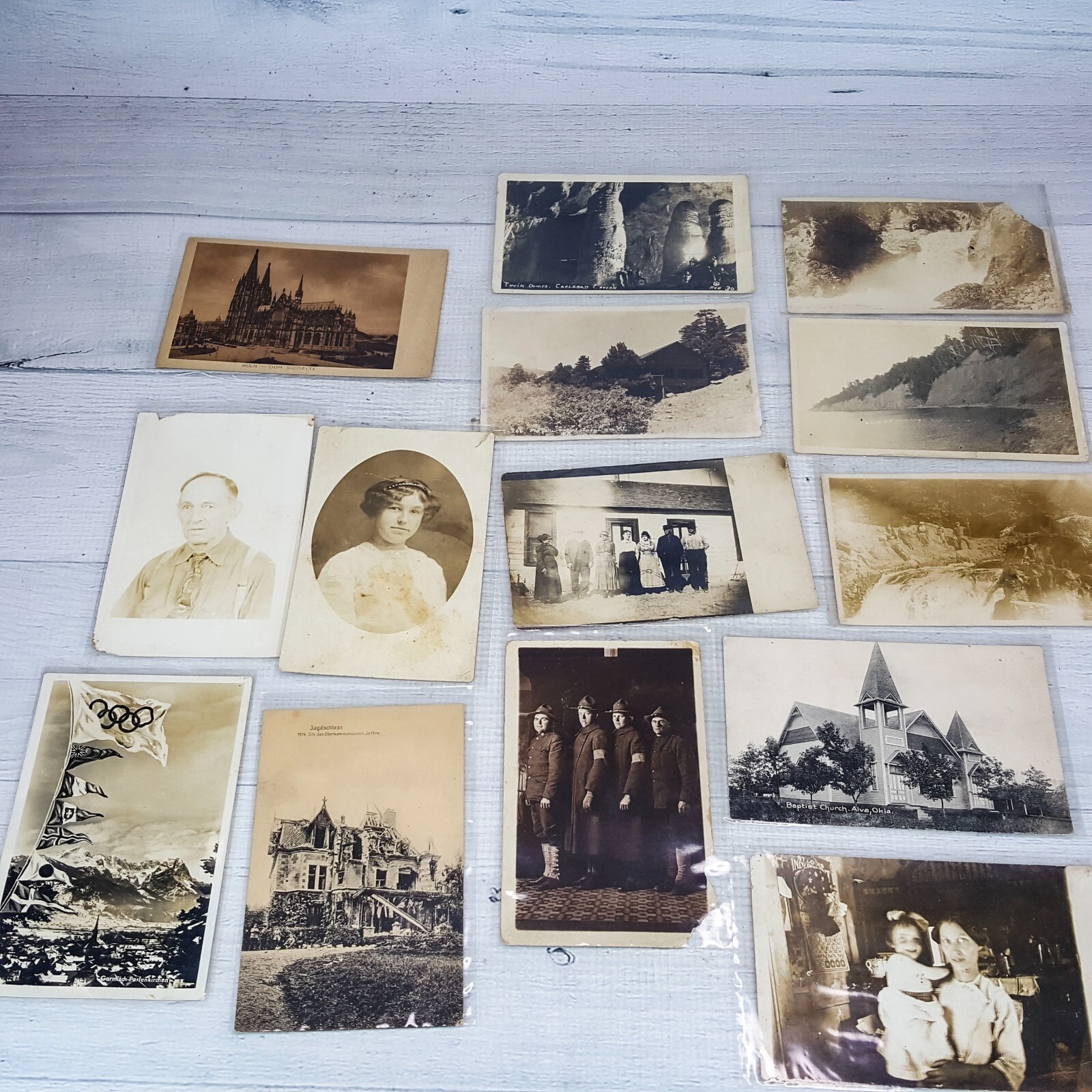 Antique RRPC Postcard LOT 14pc Scenic People Soldiers Church Cavern Olympics