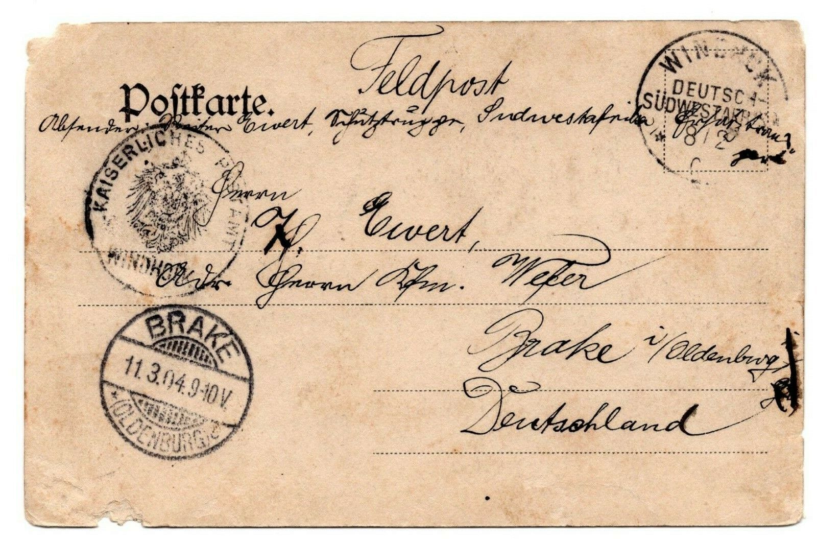 German SW Africa, February8, 1904 Ratty FP card with Imperial Seal Windhuk