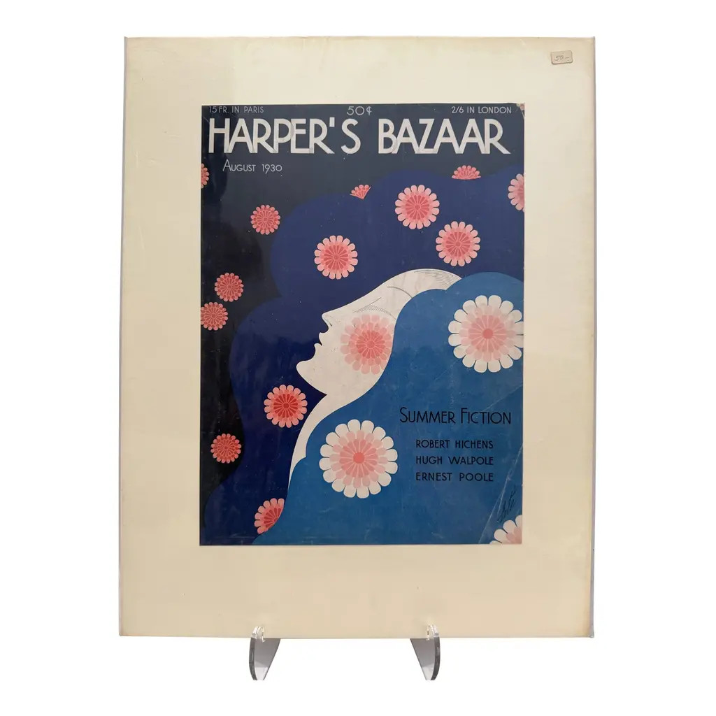 1930 Original Harper's Bazaar Cover, August, Erté, Art Deco, Matted