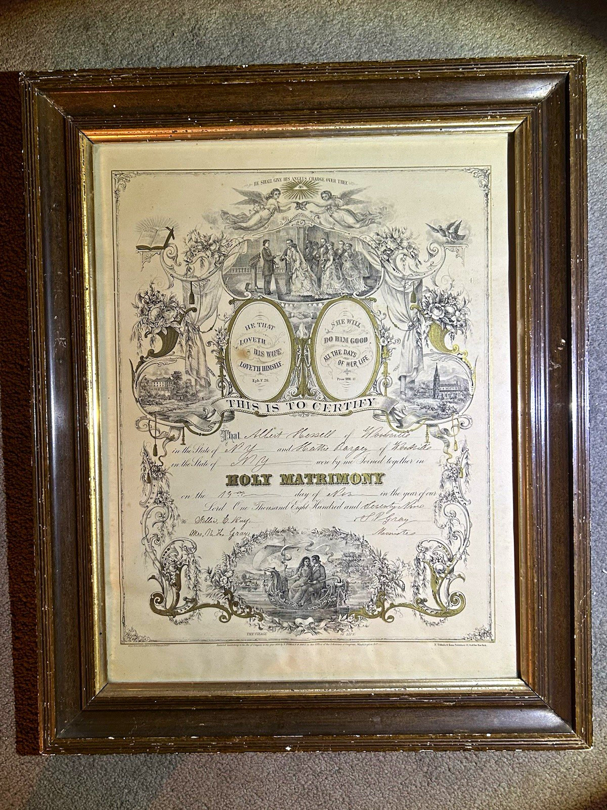 Marriage Certificate 1879 Antique Lithograph Woodville NY Jefferson Co Deutz Bro
