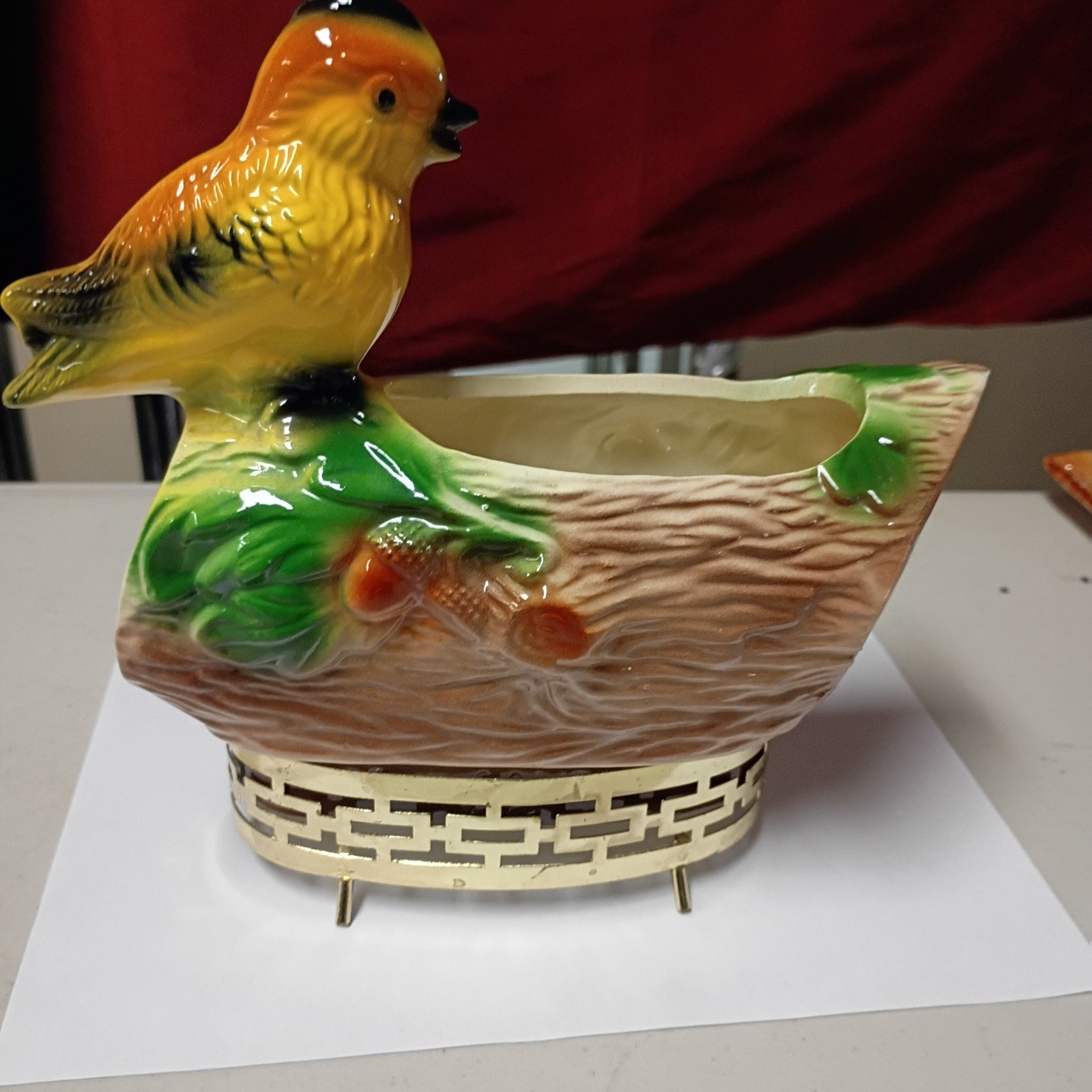 Vintage Maddox Yellow Bird Perched On A Log Planter With Gold Stand